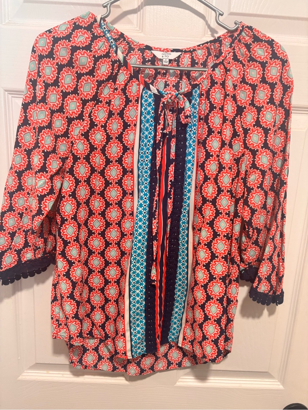 crown & ivy red Patterned Boho Tunic with Teal and black accents.